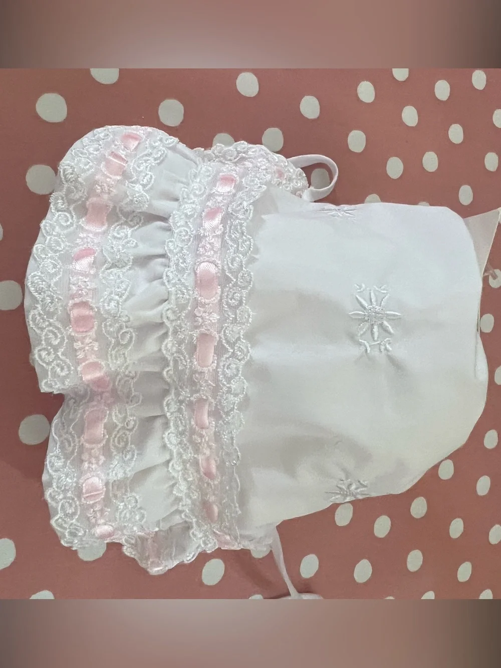 White Baby Bonnet with Pink Ribbon Lace Trim